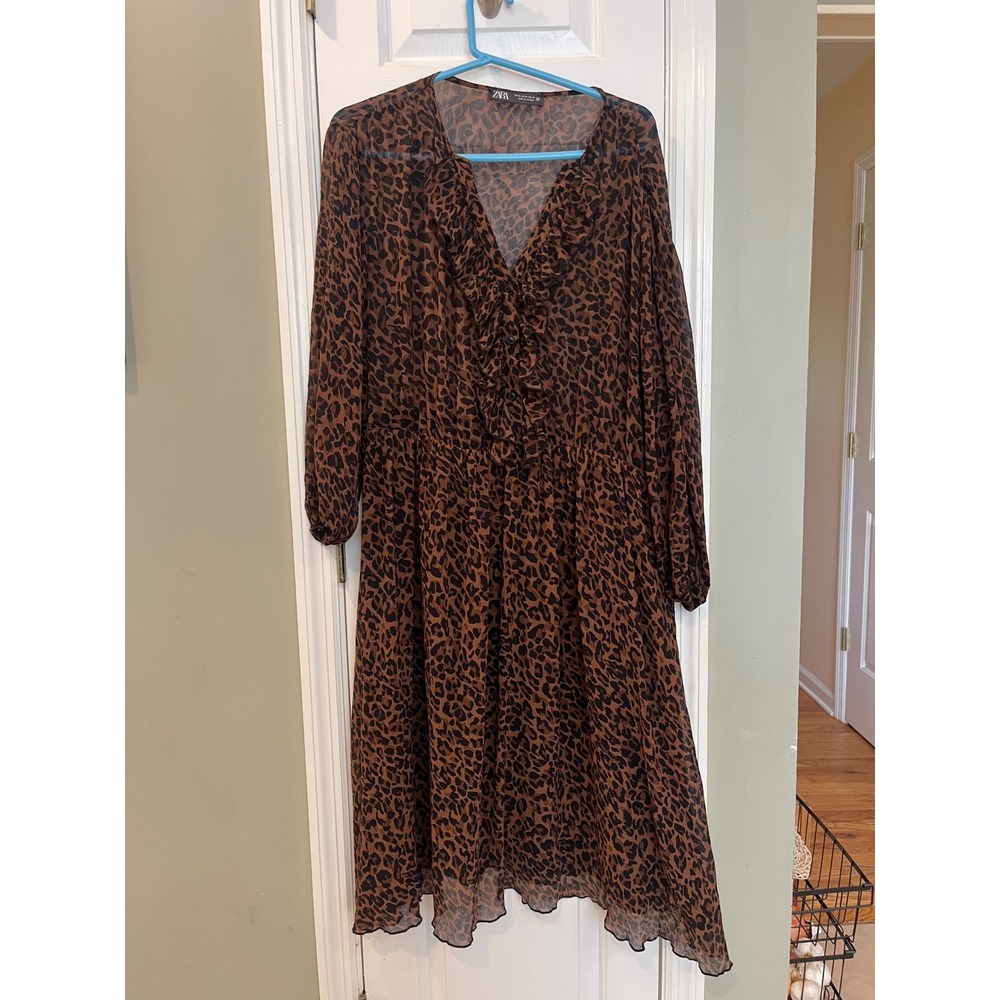 Zara Leopard Print Ruffle V-Neck Midi Dress Brown Black Long Sleeve Womens M